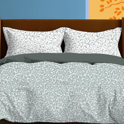 Tannarry Soft Cotton Curved Leaves Print 300 TC Super King Size Bedsheet (274 * 274cm) with 2 Pillow Covers (46 * 68cm)- Grey