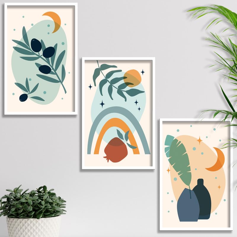 SAF paintings Set of 3 abstract flower Boho modern art design Premium white Framed Bohemian wall painting for for Wall, Home and Living Room Decoration 80 cms x 34.29 cms COMBO-2212-K3