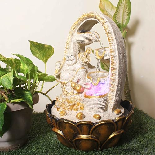 Art N Hub Laughing Buddha Home Decorative Water Fountain Best Home and Office Inauguration Gift Items | Built (27 x 27 x 40 CM | Dotted Cream Golden)