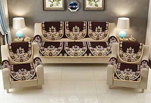 JVK Royal Look 500 TC Heavy Fabric Cotton Brown Color 5 Seater +6 Pieces Arms Cover Sofa Cover Set of 16 Pieces