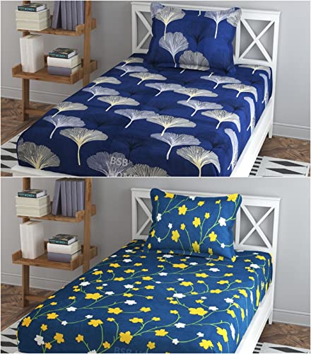 BSB HOME Glace Cotton Floral 160 TC 2 Single Bedsheets Coat Bed with 2 Pillow Covers (Blue & Yellow, 4X6 feet) - Combo Pack of 2