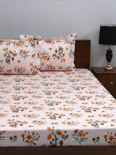 Bombay Dyeing King Size 180 TC 100% Cotton Bedsheet with 2 Pillow Cover- 525B Floral Collection - Size: 274cm x 274cm - 7508 Orange