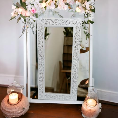 aesthetic decor (6x3 Wooden Carved Wall Mirror Frame Solid Wood, | with Out Mirror | Crown Pattern (White Distress)