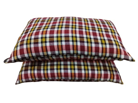 JY Medium Hard Cotton Ultra Soft Cotton Check Bed Pillow Sets (Set of 2, 2P Mhroon Check), Multicolor