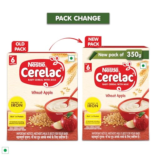 CERELAC Baby Cereal with Milk, Wheat Apple, Stage 1, From 6 to 24 Months , Source of Iron & Protein, Bag-In-Box Pack, 300g-350g (Weight May Vary)