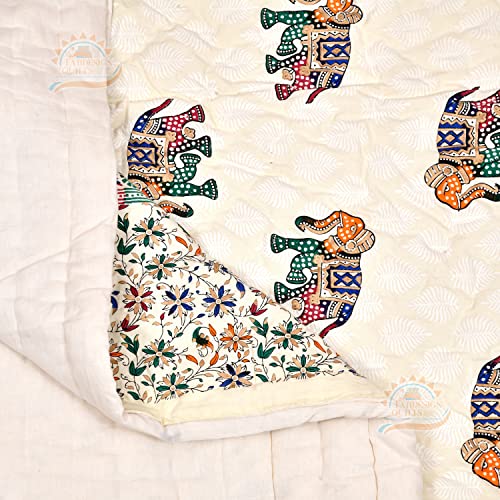 LOARSHY Pure Cotton 400 TC Traditional Rajasthani Hand Block Elephant Printed Jaipuri Quilt/Razai/Rajai [Light Weight, Multicolor, Single Bed - 60x 90 Inches]