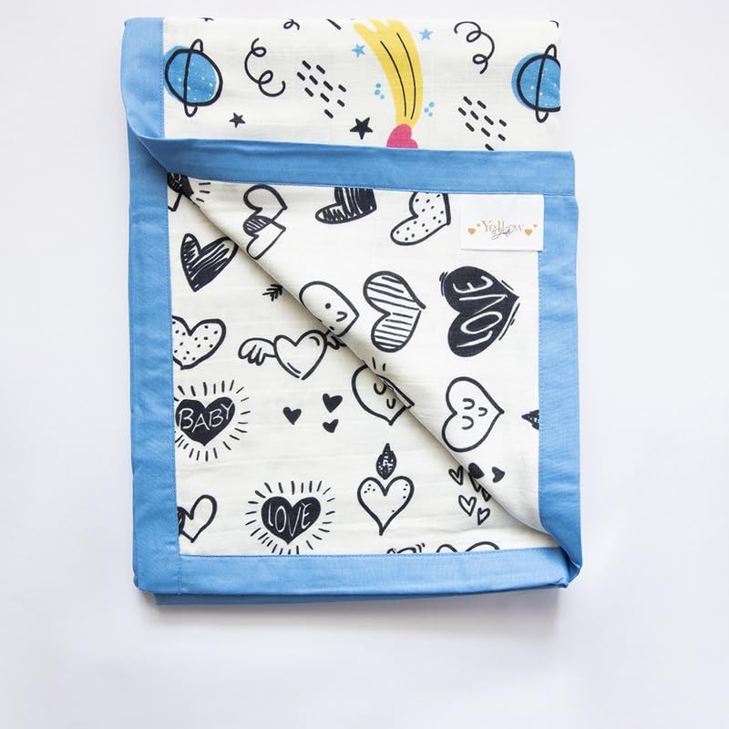 Yellow Doodle Hearts + Lil Travellers Reversible Muslin Blanket - Adorable Combo for Unisex Baby Ages 0-4 Years