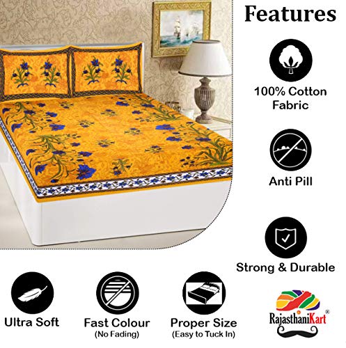 RajasthaniKart® Pure 100% Cotton Double Bed Sheet with 2 Pillow Covers (Bedsheet for Double Bed Cotton, Yellow Kashmirkalli Jaipuri, King Size,5167)