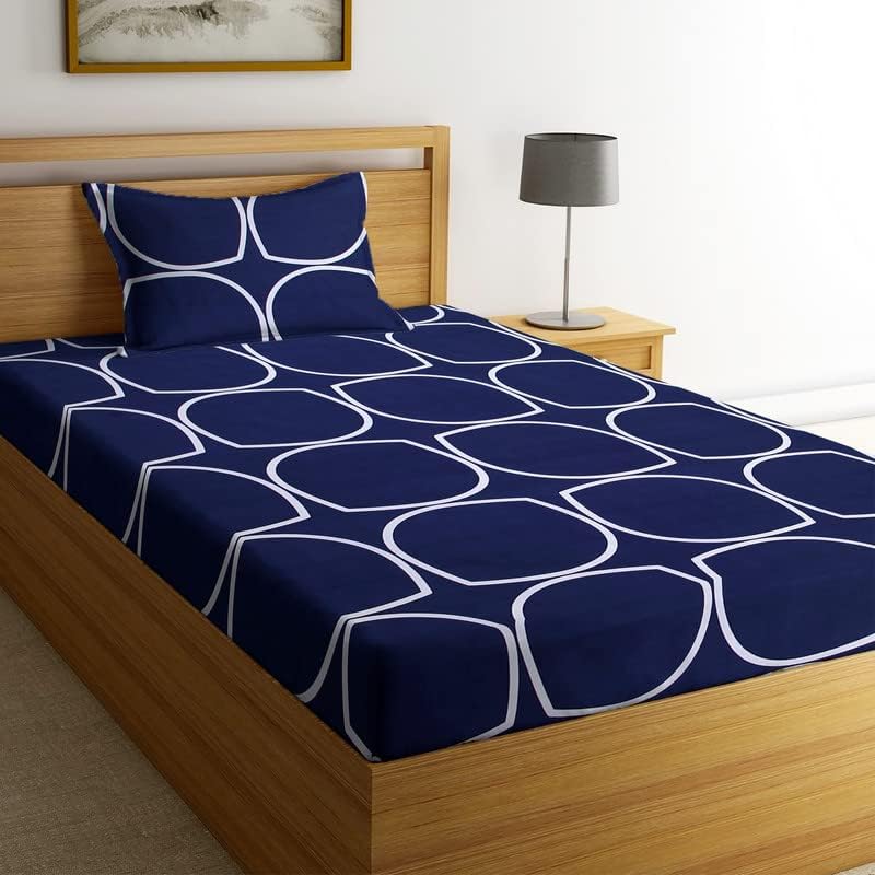 CHECK&MATE Premium Cotton Elastic Fitted Bedsheets with 1 King Size Pillow Covers | Single Bed with All Around Elastic 180 TC Supersoft |Size-36x78x8 inches | Blue Gola