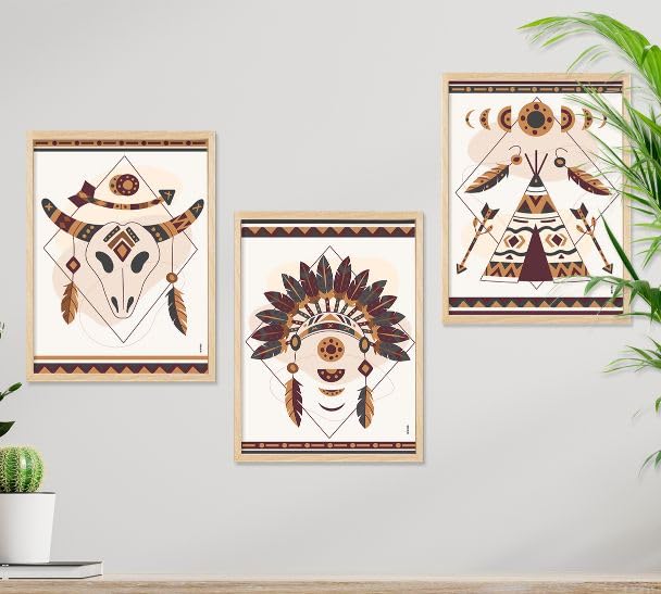 SAF paintings BOHO Set of 3 Modern Art Premium Brown frame Bohemian Painting for Wall Decoration Digital Reprint 13.5 inch x 10.5 inch Bohemian Painting (With Frame, Pack of 3) B191K3