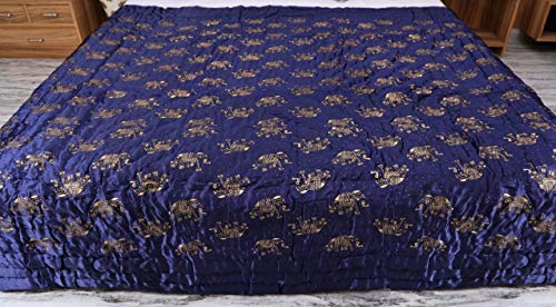 Cotton Filled Elephant Print Double Bed Jaipuri Traditional Rajasthani Soft Silk razai ac Quilt Duvet Dohar Comforter 85X100-inch - Multicolour Colour Blue & Silk with Cotton Razai