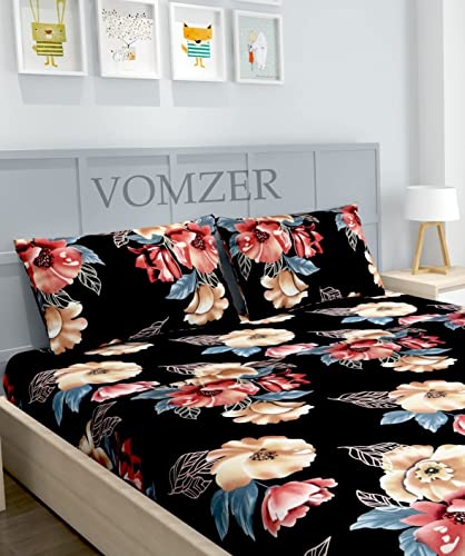 Vomzer - Home Decor 300Tc Elastic Fitted Double Bed Bedsheets with 2 Pillow Cover - King Size 78" X 72 (White Black), Cotton