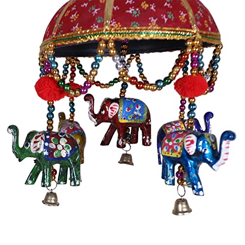 Urbane Home Rajasthani Traditional Windchimes|Handcrafted Latkan|Toran With 5 Decorative Hanging Elephants (Red)