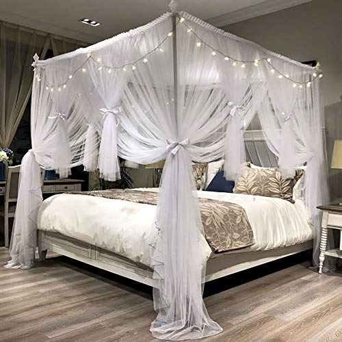 DIVAYANSHI 4 Corners Post Canopy Bed Curtain - Royal Luxurious Cozy Drape Netting - 3 Opening Mosquito Net - Cute Princess Bedroom Decoration Accessories (86" W*78" L*82" H/(Suggested for King))