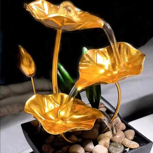 WebWares® Tabletop Fountain Metal Lotus Circulating Fountain Water Feature for Zen Home Decor Warm Yellow Scene Light (Gold)