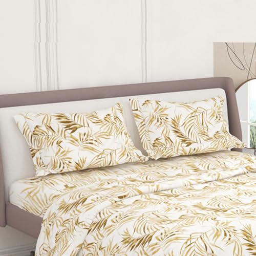 Tannarry Soft Cotton Leaf Print 400 TC Super King Size Bedsheet (274 * 274cm) with 2 Pillow Covers (46 * 68cm)- Brown