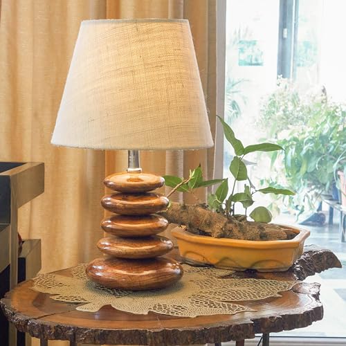 Divine Trends Wood Pebble Table Lamp 19 inches Height with 10 inches Diameter Cream Jute Lamp Shade for Bedroom, Bedside, Living Room, Home Decoration, Hotel Pack of 1