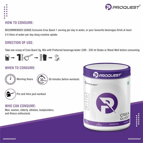 PROQUEST CreaQuest - Pure Micronized Creatine Monohydrate (90G, 30 Servings) Unflavoured, Lab Tested & Certified | Rapid Absorption | Enhanced Muscle Strength & Power | Fast Recovery