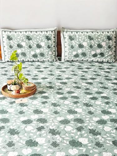 Feels Like Home 180 TC 100% Cotton Double King Size Bedsheet, 1 Bedsheet and 2 Pillow Covers, Block Printed, Uphaar Collection - Green Floral Print,95 x 108 Inch