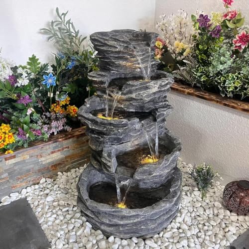 Shawshank 40 Inch Long 5 Tier Stone Rock Effect Spiral Sandstone Fiber Fountain for Living Room Home Decor Garden Patio Deck Porch with LED Lights and Water Pump