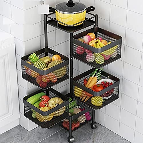 Privesh 1 Pc 5 Layer Kitchen Rotating Trolley Portable Storage Rack Square Design Fruits & Vegetable Onion Cutlery, Spice, Jars Container Basket Organizer Holder Stand for Kitchen (Iron), Tiered Shelf