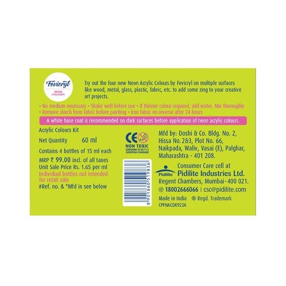 Pidilite Fevicryl Neon Acrylic Colour Kit, Neon Paints (4 Shades, 15ml)