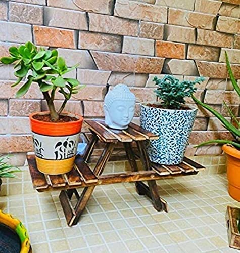 CraftsX2Z Wooden Plant Stand with 3 Desks/Living Room Side Stand/Wooden Stool/Garden Table/Vase Stand for Garden and Outdoors, Brown