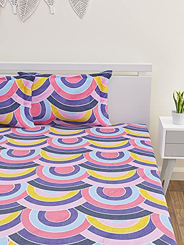 ROMEE Geometric Printed Bedsheet for Double Bed, 186 TC Double Bedsheet Cotton Poly with 2 Pillow Covers, Beautiful Designs Double Bedsheet Queen Size - 90 x 100 Inches, Blue & Pink