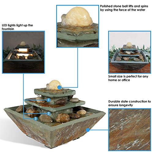 Sunnydaze 8-Inch Ascending Slate Tiered Waterfall Fountain - Built-in LED Light Provides Ambient Lighting - Perfect Size for Desktop or Bedroom - Indoor Relaxation - Electric Square Water Feature