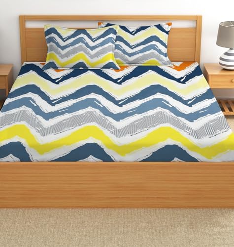 IVAZA 220 TC Cotton Feel Ezyption Cotton Double Bedsheet King Size -with 2 Pillow Covers - Rotary Printed, Hypoallergenic, Wrinkle Free (90 x 90 Inches | Yellow Zig zag