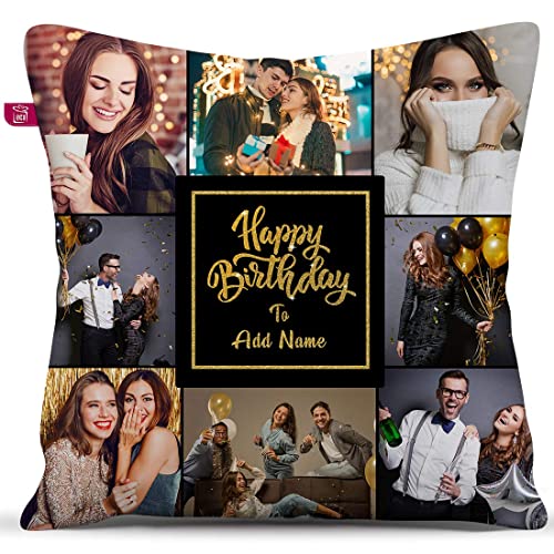 k1gifts Cotton Personalized 8 Photos And Name Pillow For Happy Birthday Printed Cushion Cover With Filler 12X12 Inch,White