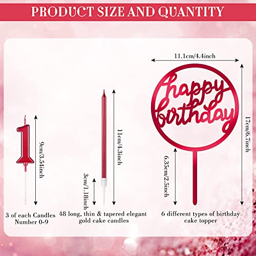 84 Pcs Birthday Candles Set 30 Numeral Birthday Candles Cake Numeral Candles 48 Metallic Birthday Candles Cake Candles 6 Glitter Acrylic Happy Birthday Cake Toppers for Wedding Party (Red)