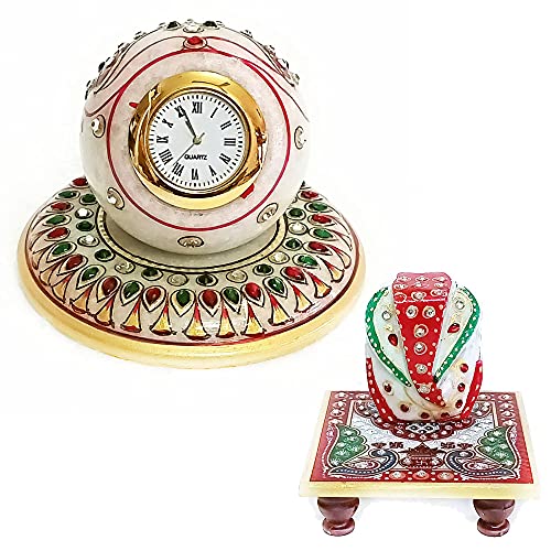 Handicraft Kingdom White Marble Table Clock | Ethnic Design Gold Painted Handmade Round Beautiful Meenakari Work Plate Watch with Ganesh Chowki| Approx Size (4 x 4 Inch) & Wt (600 Gm) Pack of 4