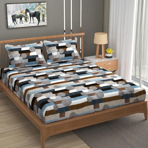 BLUEDOT King Size Elastic Fitted Bedsheet | Luxurious Cotton Bedsheet Set for Double beds | Modern Prints 78x72 Inch (Multiblocks)