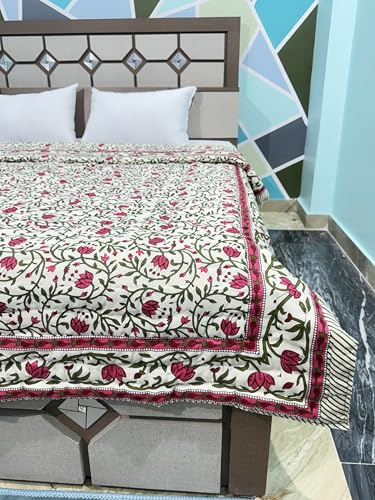 WORLDNEX 400 TC Pure Cotton Double Bed Soft Jaipuri AC Quilt/Razai/Rajai Floral Print,Jaipuri razai Double Bed for Winter Printed White, Pink (85 x 100 inch, Double Bed)