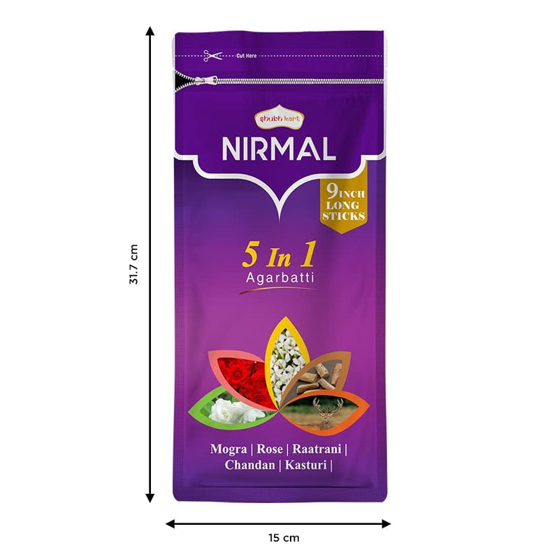 Shubhkart Nirmal 5 in 1 Agarbatti Zipper Pack 150grams for Puja & Meditation - 22.86cm Long Incense Sticks for Puja | Rose, Mogra, Chandan, Kasturi & Raatrani Fragrance | Charcoal Free (Pack of 2)