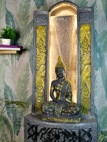 Sowpeace Golden Buddha Water Fountain – Elegant Buddha Sitting Against Tall Wall showpiece, Set of 1 Premium Resin Made Table Top Home Decor for Living Room and Gifting(58 cm,Golden)