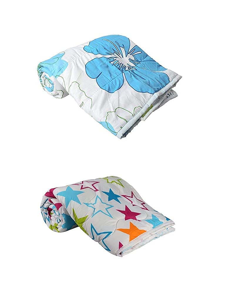 SYNEX Beautiful Flowers and Star Print Microfiber Super Soft Reversible Single Bed AC Dohar/Blanket Combo Set of 2 PC (Big Blue Flower and Star Print)