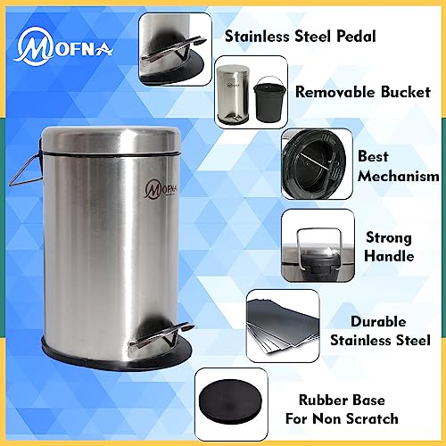 mofna Stainless Steel Pedal Dustbin/Pedal Garbage Bin with Plastic Bucket Round Shape use for Home, Office, Kitchen, Bathroom (8X12 Inch, 7 Liter, Silver)