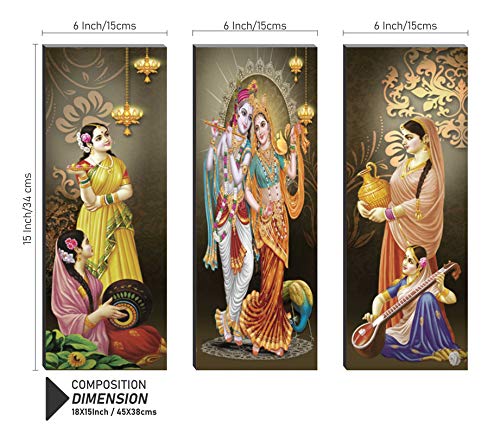 SAF Set of 3 Radha Krishna Playing Flute 6MM MDF UV Textured Self Adesshive Painting 18 Inch X 15 Inch SANFJ195