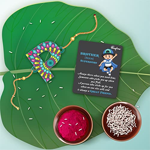 Bhai Please Alphabet P Rakhi with Brother is Superhero Fridge Magnet (Gift Combo for Brother / Bhai / Bhaiya) | Set of 1 pc Rakhi with Roli- Chawal and Fridge Magnet | With Raksha Bandhan Greetings