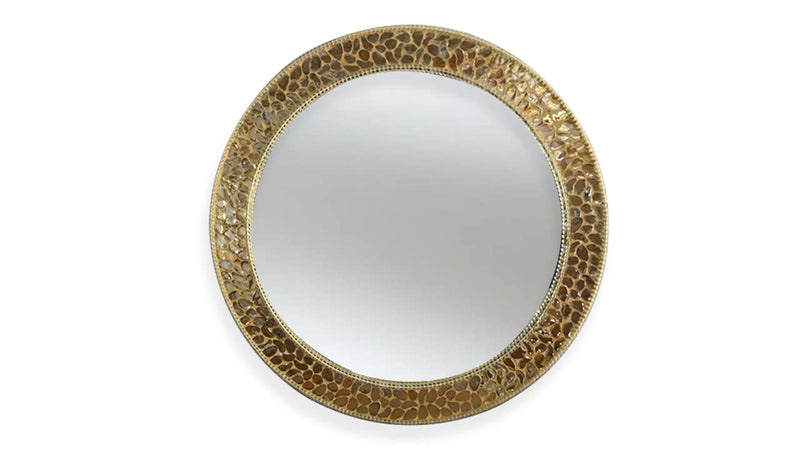 Beautiful Engraved Pearl Designed Beveled Round Wall Mirror with Elegant Sturdy Frame - ( 24 X 24 Inches, Gold)