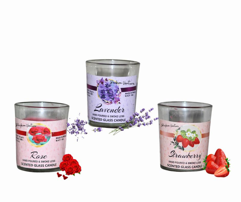 BECKON VENTURE Set of 3 Glass Jar Candle 8-10 Hours Burning Time Scented Candles for Home Decoration - Fragrance Candles for Bedroom- (BVglassjarroselavenderstrawberryso3)