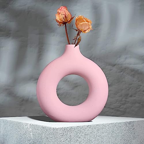 Trisha Decor Pink Vase/Flower Vase/Pampas Grass Vase/Ceramic Vase/Round Shaped Vase/Home Decor Centrepiece/Decor Showpiece Donut Vase 8 Inches