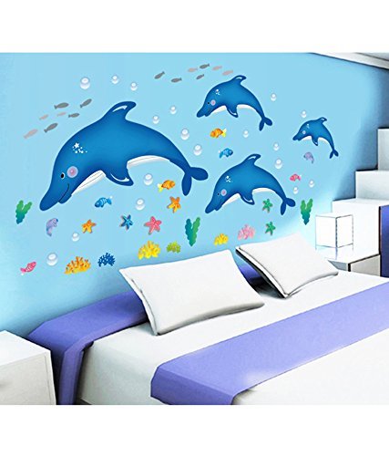 Nyati Designs Cartoon Dolphins Star Fish Underwater Creatures' Wall Sticker (PVC Vinyl, 90 cm x 60 cm),Multicolour