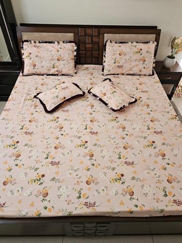 5-Piece (1+2+2) Queen Size Bedsheet Set with 135 GSM (240 TC) Polycotton Bedsheet (90 * 100), 2 Microfiber Filled Frilly Pillows (12 * 18) & 2 Frilly Pillow Covers Perfect for Gifting Options