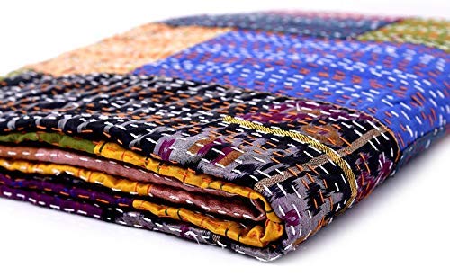 Fashion Hub Textile Work Creations Patchwork Cotton Silk Kantha Quilt (Queen Size, 90x108 Inches, Multicolour)