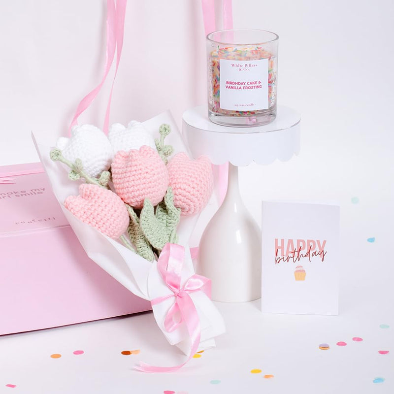 CONFETTI GIFTS Birthday Gift Hamper for Her| Pack of 3 Items- Crochet Flower Bouquet,Scented Candle, Happy Birthday Greeting Card | Birthday Gift for Girlfriend, Sister, Wife, Mother and Friends