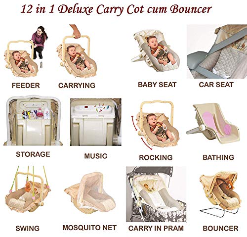 Goyal's 12 in 1 Musical Baby Feeding Swing Rocker Carry Cot Cum Bouncer ABS Plastic with Mosquito Net, Storage Box and Swinging Ropes (Brown) (12 in 1), Canopy