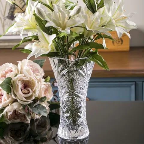 12 Inch Flowers Glass Vase for Home & Office Decor | Crystal Clear Glass-Like Design | Impact Resistant & Safe (Pack of 1) - Living Room Table top Flower Pot, Decorative Vase